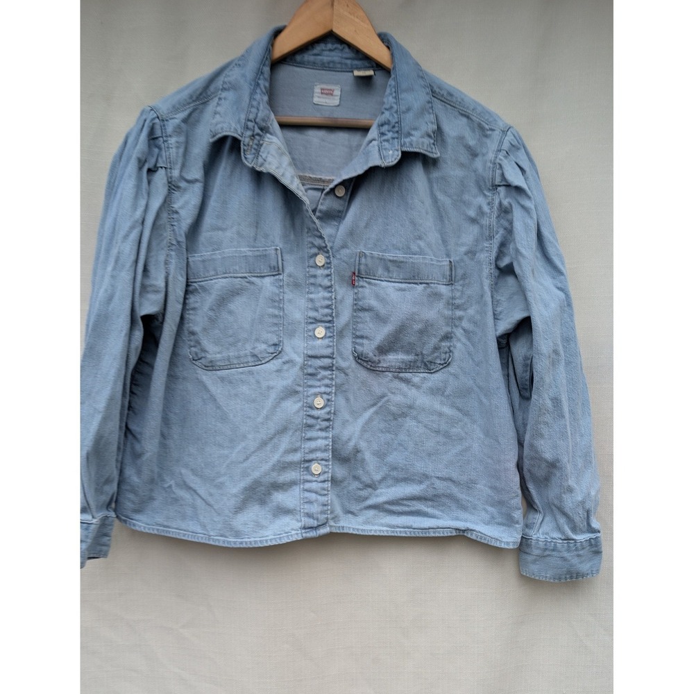 Levis Puff Sleeve Denim Shirt Womens L Light Wash Chambray Cropped Blouse
